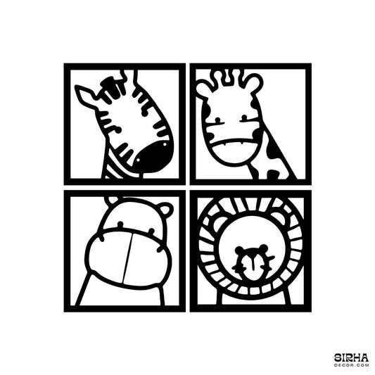 A cute black 4-panel laser-cut 3mm MDF wall art set featuring minimalist cartoon safari animals including a zebra, giraffe, hippo, and lion for a nursery or kids room by Sirha Decor.