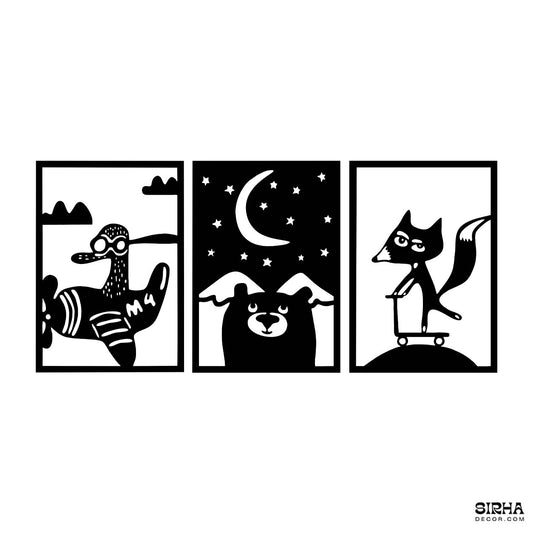 A playful black 3-panel laser-cut 3mm MDF wall art set for a kids room showing an aviator duck in a plane, a bear under the moon, and a fox on a scooter by Sirha Decor.