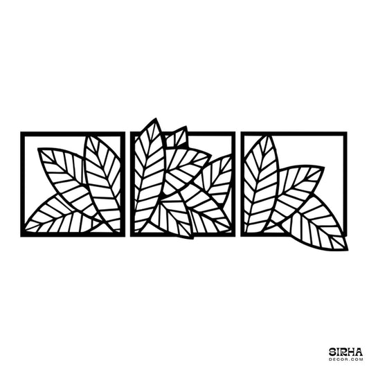 A luxury modern black 3-panel laser-cut 3mm MDF wall art hanging set featuring detailed abstract leaf and botanical silhouettes by Sirha Decor.”