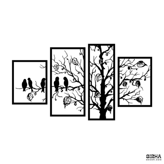 βA modern black 4-panel laser-cut 3mm MDF split wall art set featuring a detailed tree and birds on branches by Sirha Decor.β
