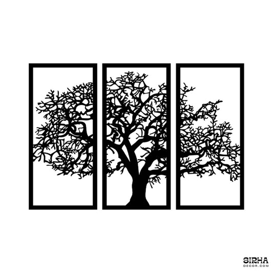 βA modern black 3-panel laser-cut 3mm MDF wall art hanging set featuring a detailed Tree of Life silhouette layout by Sirha Decor.β