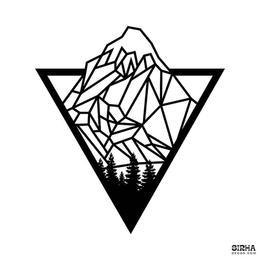 A modern black triangular laser-cut 3mm MDF wall art piece displaying a geometric mountain range and pine forest silhouette layout by Sirha Decor.