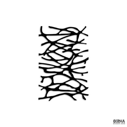 A luxury modern black laser-cut 3mm MDF abstract wall art sculpture featuring a complex web of organic branch lines, styled above an entryway console table by Sirha Decor.