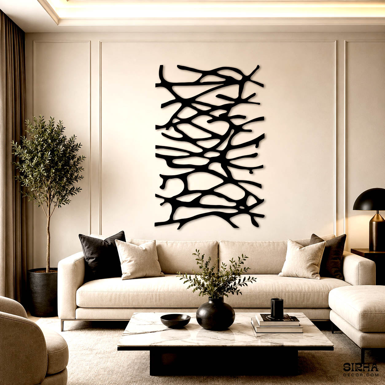 A luxury modern black laser-cut 3mm MDF abstract wall art sculpture featuring a complex web of organic branch lines, styled above an entryway console table by Sirha Decor.