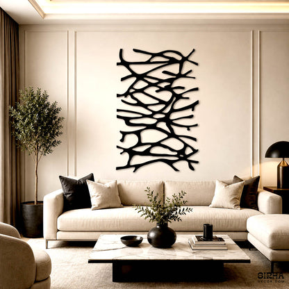 A luxury modern black laser-cut 3mm MDF abstract wall art sculpture featuring a complex web of organic branch lines, styled above an entryway console table by Sirha Decor.