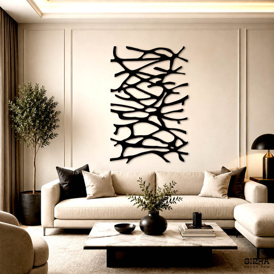 A luxury modern black laser-cut 3mm MDF abstract wall art sculpture featuring a complex web of organic branch lines, styled above an entryway console table by Sirha Decor.