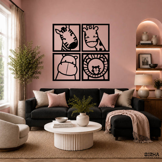 A cute black 4-panel laser-cut 3mm MDF wall art set featuring minimalist cartoon safari animals including a zebra, giraffe, hippo, and lion for a nursery or kids room by Sirha Decor.