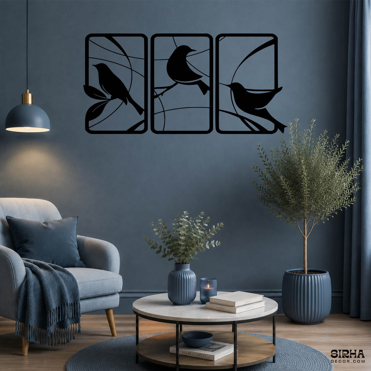 A modern black 3-panel laser-cut 3mm MDF wall art hanging set featuring minimalist bird silhouettes on branches by Sirha Decor.”
