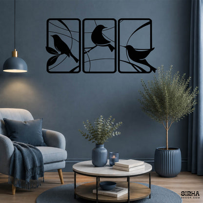 A modern black 3-panel laser-cut 3mm MDF wall art hanging set featuring minimalist bird silhouettes on branches by Sirha Decor.”