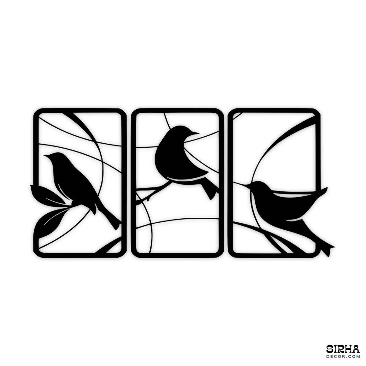 A modern black 3-panel laser-cut 3mm MDF wall art hanging set featuring minimalist bird silhouettes on branches by Sirha Decor.”