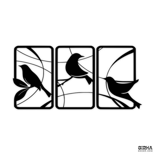 A modern black 3-panel laser-cut 3mm MDF wall art hanging set featuring minimalist bird silhouettes on branches by Sirha Decor.”