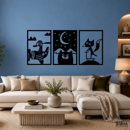 A playful black 3-panel laser-cut 3mm MDF wall art set for a kids room showing an aviator duck in a plane, a bear under the moon, and a fox on a scooter by Sirha Decor.