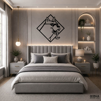 A modern black laser-cut 3mm MDF wall art panel featuring a cool dog wearing glasses in a diamond frame, displayed over a child's bed by Sirha Decor.
