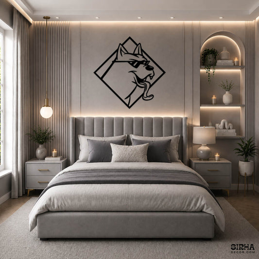 A modern black laser-cut 3mm MDF wall art panel featuring a cool dog wearing glasses in a diamond frame, displayed over a child's bed by Sirha Decor.