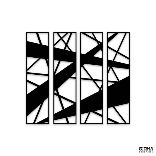 A modern black 4-panel laser-cut 3mm MDF geometric wall art set featuring overlapping structural lines, styled symmetrically on a white brick feature wall by Sirha Decor.