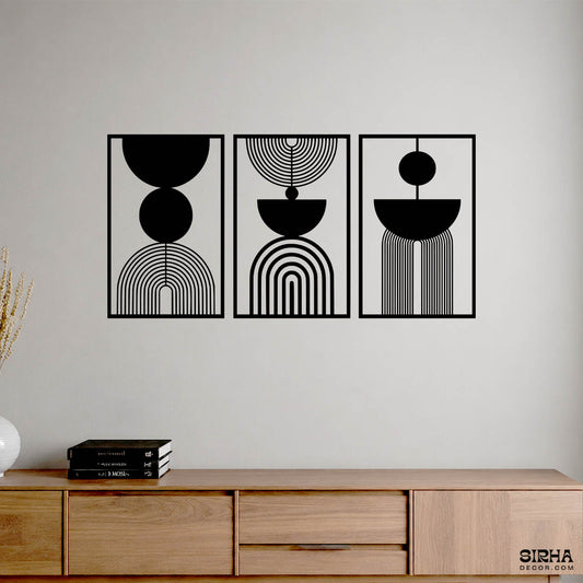 “A modern black geometric abstract laser-cut 3mm MDF wall art panel displayed in a luxury minimalist living room by Sirha Decor.”