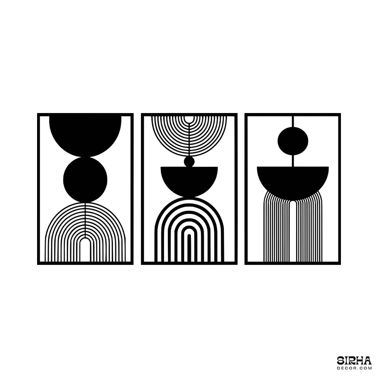 “A modern black geometric abstract laser-cut 3mm MDF wall art panel displayed in a luxury minimalist living room by Sirha Decor.”