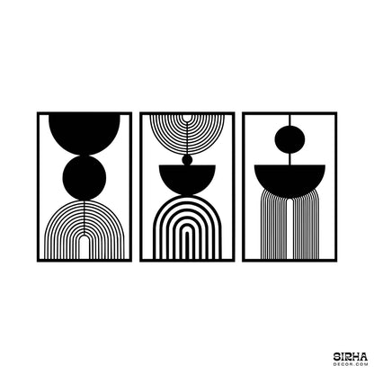 “A modern black geometric abstract laser-cut 3mm MDF wall art panel displayed in a luxury minimalist living room by Sirha Decor.”