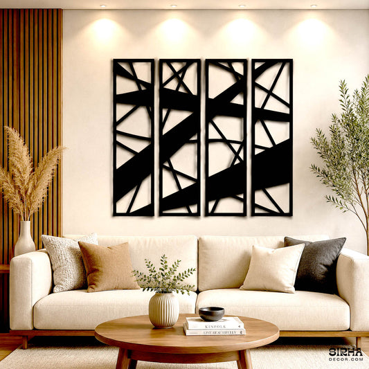 A modern black 4-panel laser-cut 3mm MDF geometric wall art set featuring overlapping structural lines, styled symmetrically on a white brick feature wall by Sirha Decor.