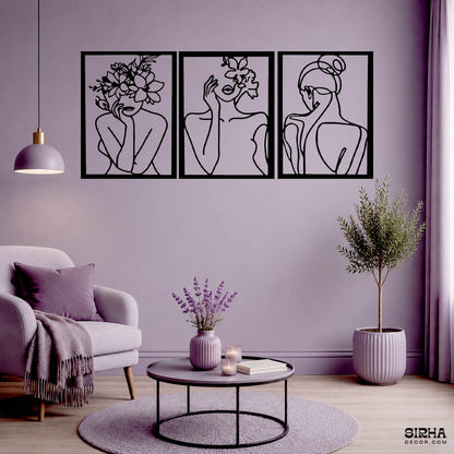 A luxury modern black 3-piece minimalist abstract woman single-line laser-cut 3mm MDF wall art hanging set by Sirha Decor.