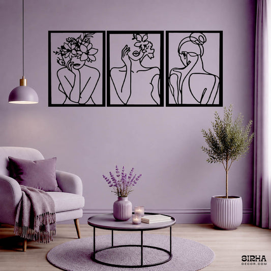 A luxury modern black 3-piece minimalist abstract woman single-line laser-cut 3mm MDF wall art hanging set by Sirha Decor.