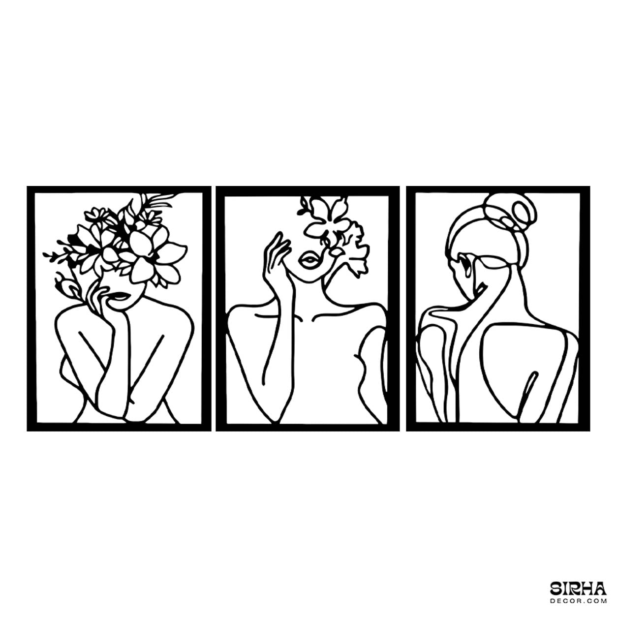 A luxury modern black 3-piece minimalist abstract woman single-line laser-cut 3mm MDF wall art hanging set by Sirha Decor.