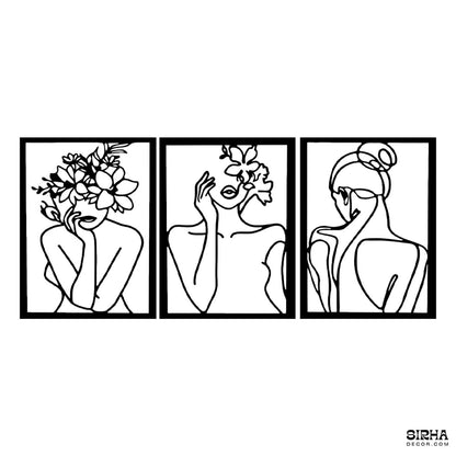 A luxury modern black 3-piece minimalist abstract woman single-line laser-cut 3mm MDF wall art hanging set by Sirha Decor.