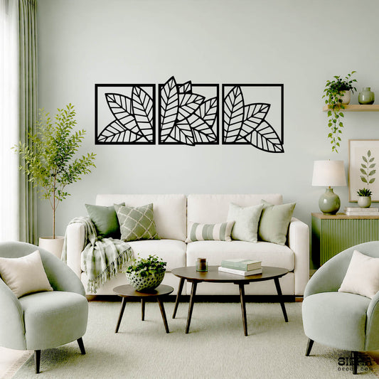 A luxury modern black 3-panel laser-cut 3mm MDF wall art hanging set featuring detailed abstract leaf and botanical silhouettes by Sirha Decor.”