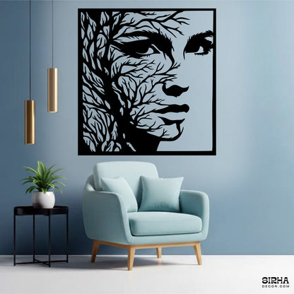 A luxury black single-panel laser-cut 3mm MDF wall art piece displaying a surreal silhouette blending a woman's face with intricate tree branches by Sirha Decor.