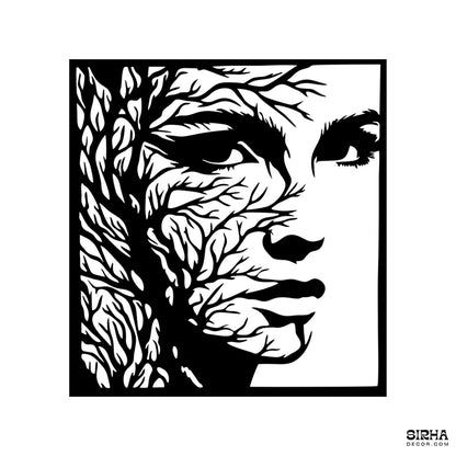 A luxury black single-panel laser-cut 3mm MDF wall art piece displaying a surreal silhouette blending a woman's face with intricate tree branches by Sirha Decor.