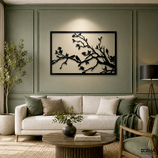 A modern black single-panel laser-cut 3mm MDF wall art frame featuring detailed silhouettes of birds resting on tree branches by Sirha Decor.