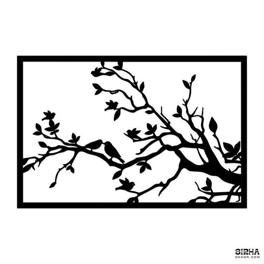 A modern black single-panel laser-cut 3mm MDF wall art frame featuring detailed silhouettes of birds resting on tree branches by Sirha Decor.