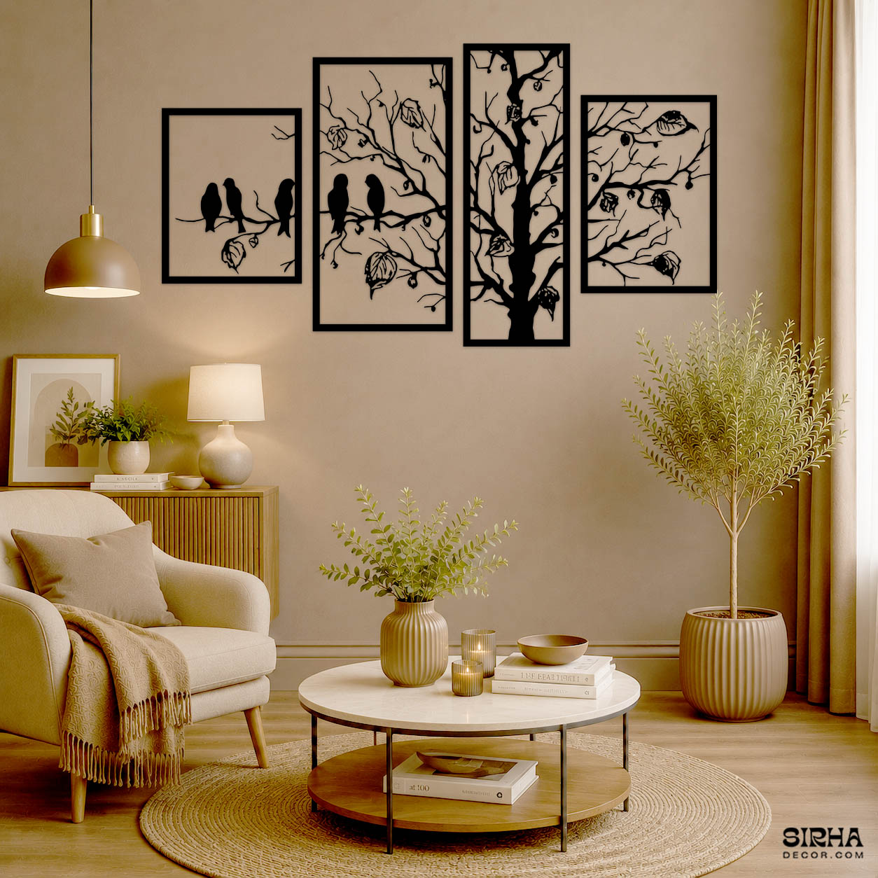 “A modern black 4-panel laser-cut 3mm MDF split wall art set featuring a detailed tree and birds on branches by Sirha Decor.”