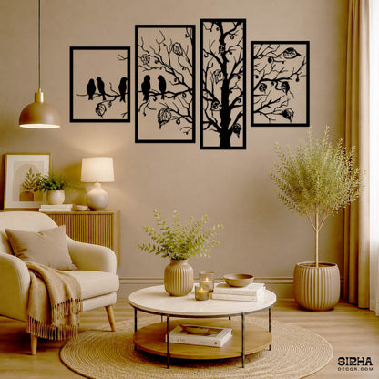 “A modern black 4-panel laser-cut 3mm MDF split wall art set featuring a detailed tree and birds on branches by Sirha Decor.”