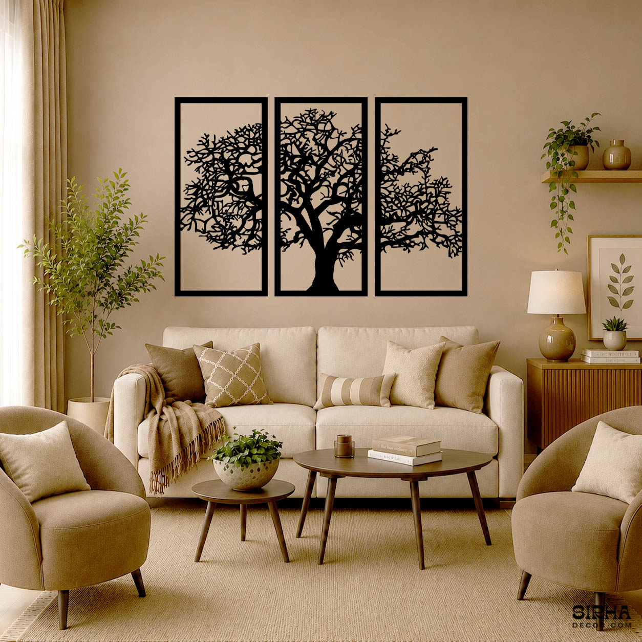 “A modern black 3-panel laser-cut 3mm MDF wall art hanging set featuring a detailed Tree of Life silhouette layout by Sirha Decor.”