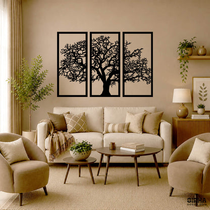 “A modern black 3-panel laser-cut 3mm MDF wall art hanging set featuring a detailed Tree of Life silhouette layout by Sirha Decor.”