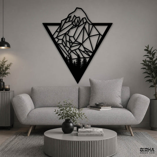 A modern black triangular laser-cut 3mm MDF wall art piece displaying a geometric mountain range and pine forest silhouette layout by Sirha Decor.
