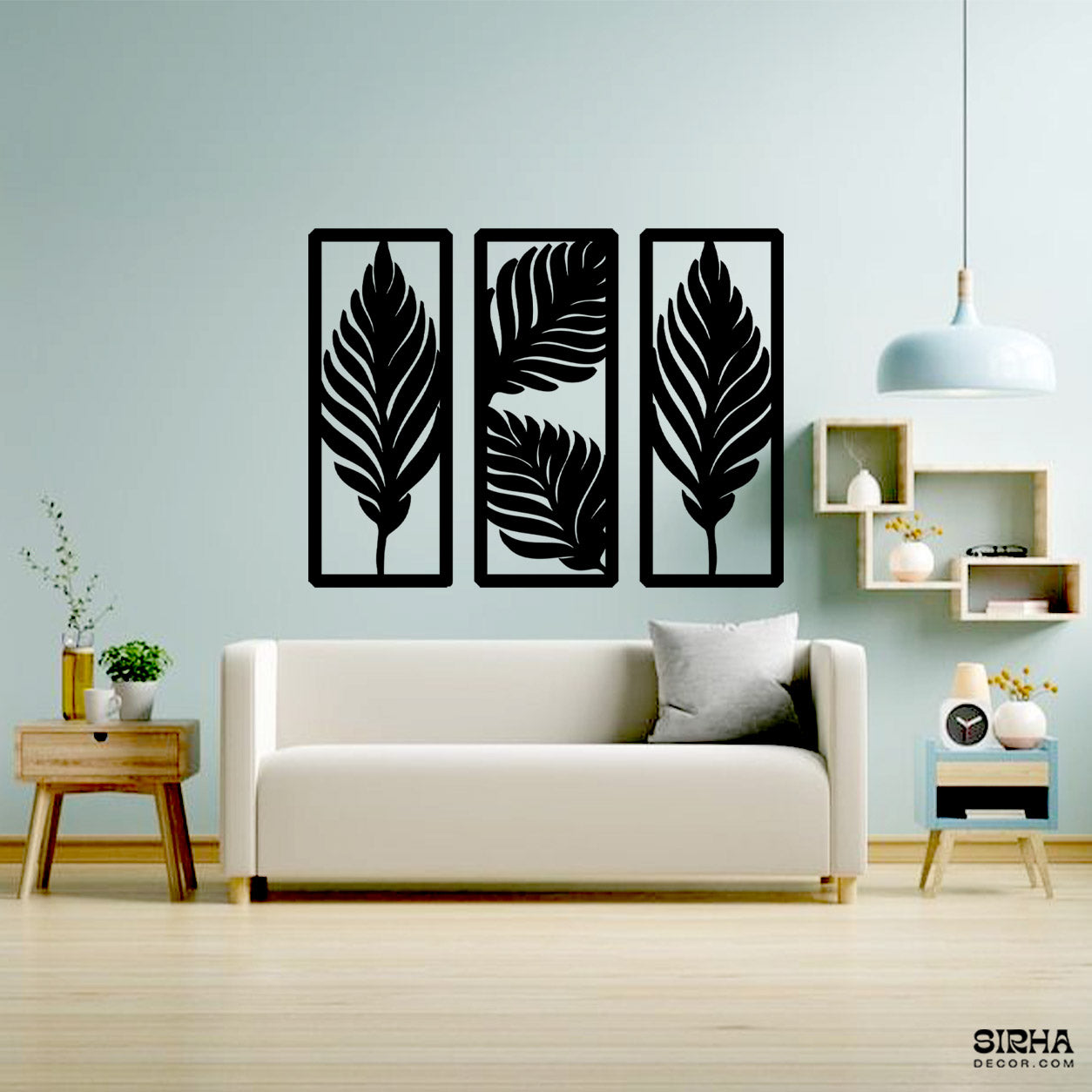 A beautiful 3-piece black laser-cut 3mm MDF rustic botanical wall art set featuring palm leaf patterns in rectangular panels by Sirha Decor.