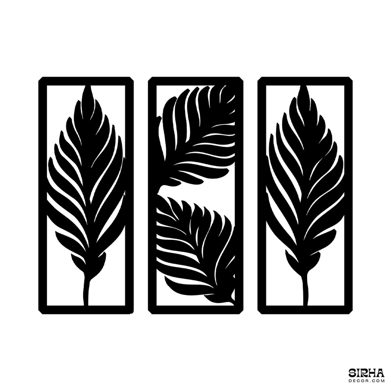 A beautiful 3-piece black laser-cut 3mm MDF rustic botanical wall art set featuring palm leaf patterns in rectangular panels by Sirha Decor.