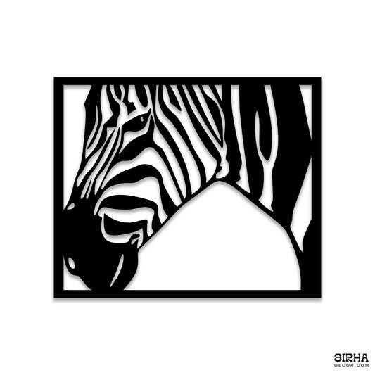 A modern black single-panel laser-cut 3mm MDF wall art frame featuring a striking zebra head silhouette by Sirha Decor.