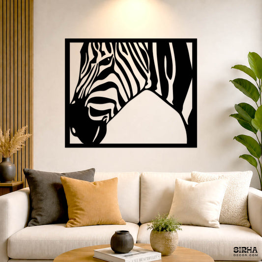 A modern black single-panel laser-cut 3mm MDF wall art frame featuring a striking zebra head silhouette by Sirha Decor.